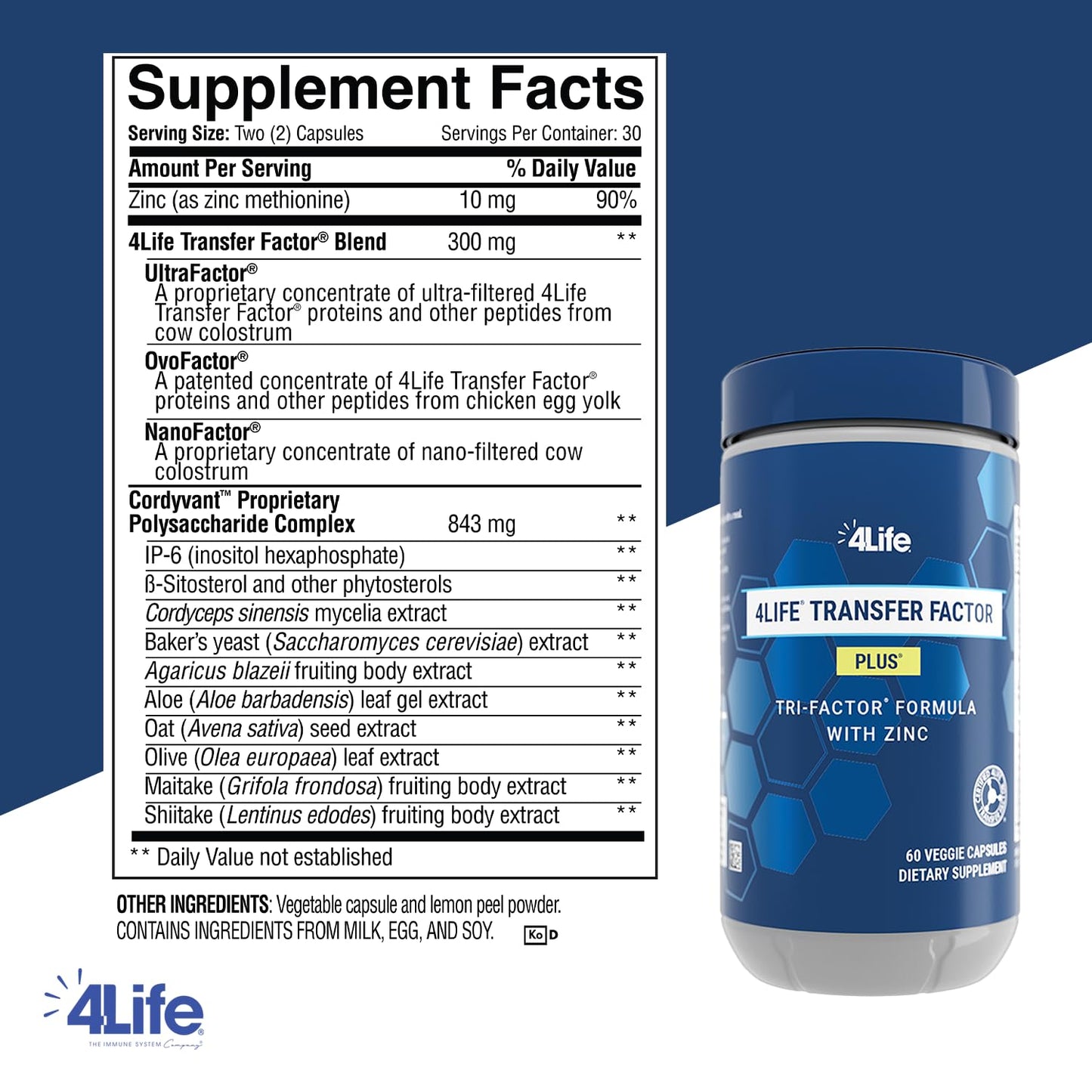 4Life Transfer Factor Plus - Support with Zinc, Super Mushroom Blend (Maitake, Shiitake, Agaricus), and Colostrum & Egg Yolk Extracts - 60 Capsules - dailyvitalstore