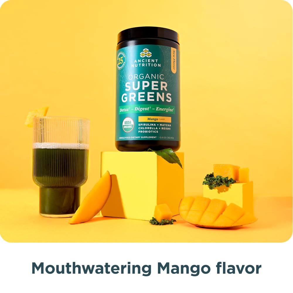 Ancient Nutrition Organic Supergreens Powder, Mango, 25 Servings + Multi Collagen Protein Powder, Vanilla, 60 Servings Ancient Nutrition buy supplements Au