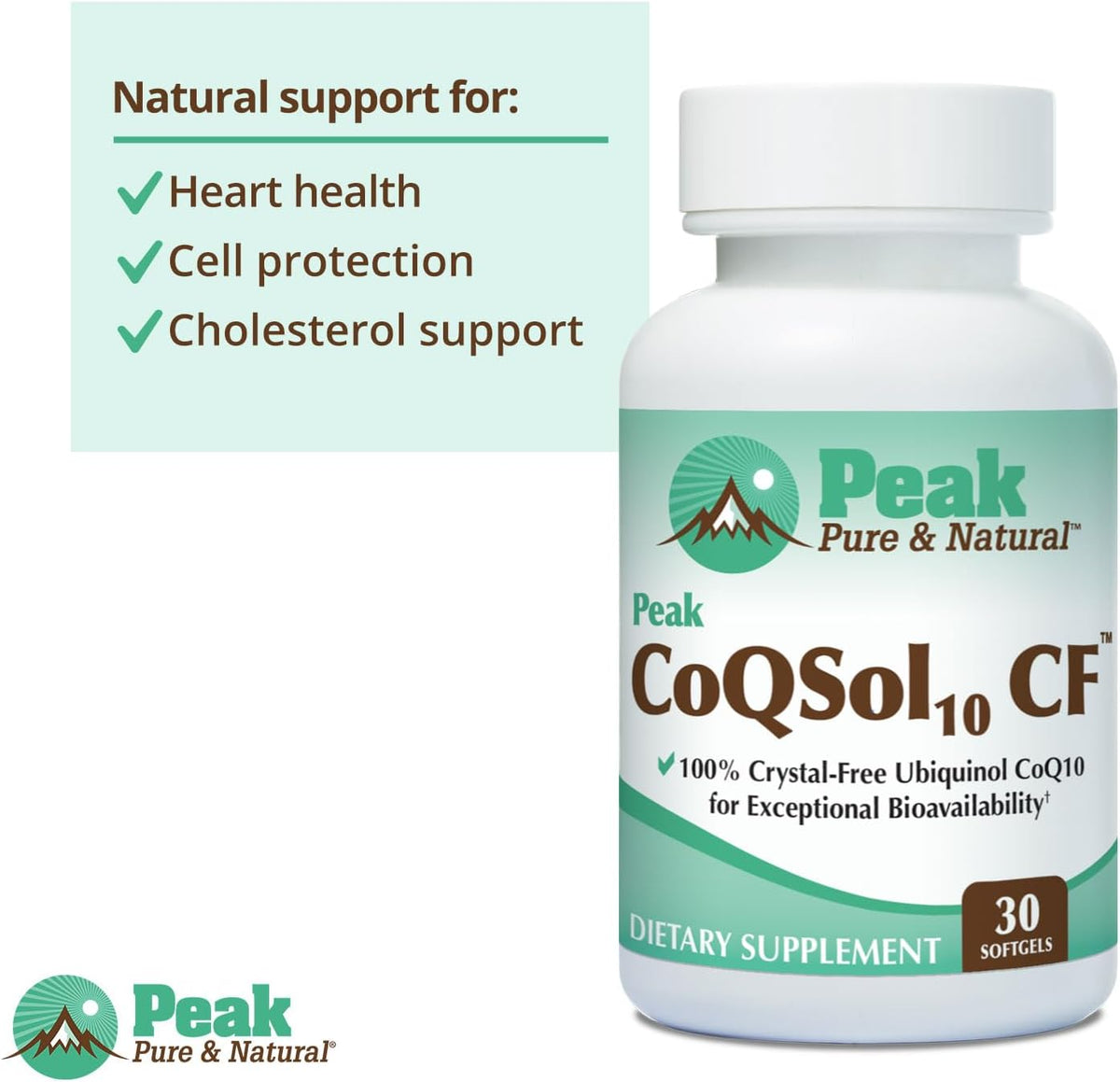 Peak CoQSol10 CF - 100% Crystal-Free Ubiquinol CoenzymeQ10 for Enhanced Bioavailability - Ubiquinol CoQ10 - Natural Energy Booster - Supports Immunity, Brain and Heart Health (30 Softgels)