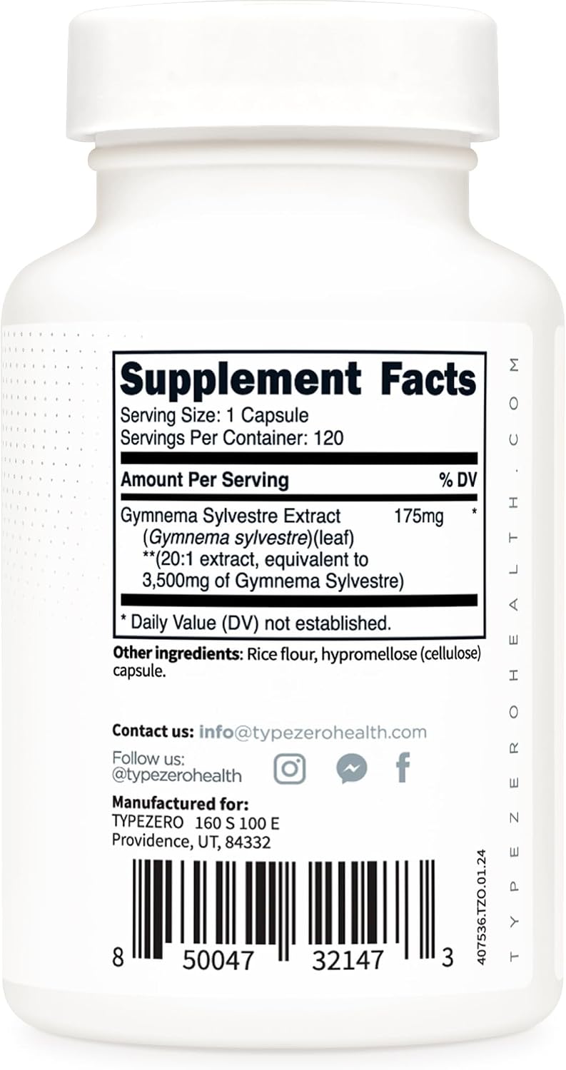 Type Zero Clean Gymnema Sylvestre Extract 120 Capsules for 120 Servings Per Bottle - Non-GMO. Gluten Free