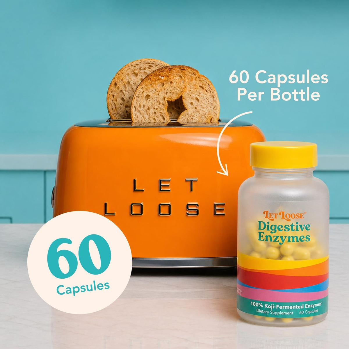 Let Loose Koji Digestive Enzymes Supplement for Bloating Relief (60 Count) | Supplement for Women & Men, Nutrient Absorption & Gut Health Support, Breaks Down Protein, Carbs & Fats, 16-Enzyme Complex