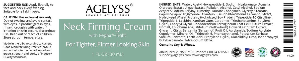 Agelyss Neck Firming Cream - With Pepha-Tight and Gatuline Expression - Paraben-Free, Cruelty-Free, Vegan - 1 FL OZ - Pack of 1