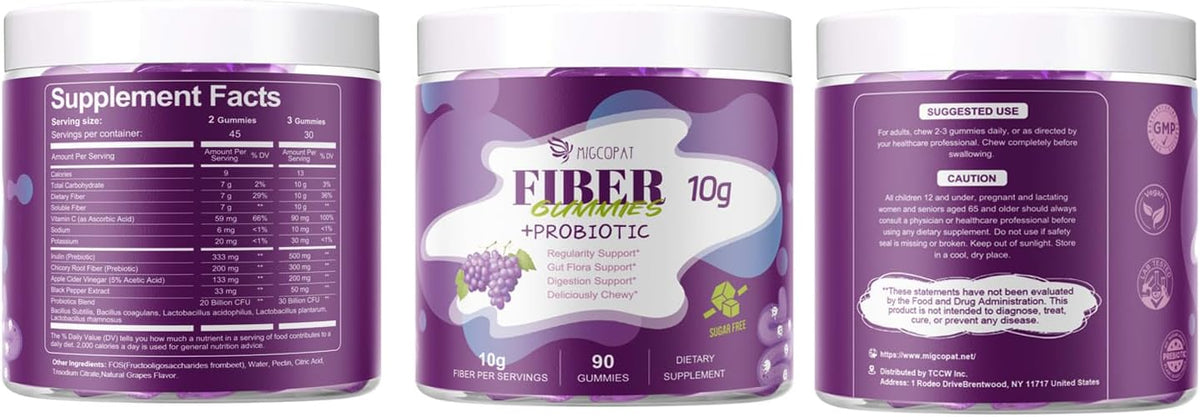 Migcopat 10G Fiber Gummies for Adults, No Sugar Added Grape Flavor, Fiber Supplement with 30 Billion CFU Probiotics Blend, ACV, Vitamin C, Inulin, Support Digestive Health, 90 Count