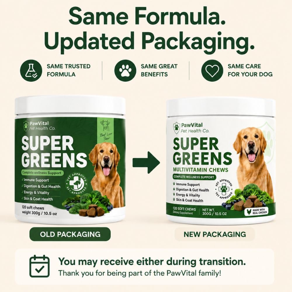 Super Greens Multivitamin Chews for Dogs – Dog Vitamins with Spirulina, Chlorella, Probiotics – Daily Dog Multivitamin for Immune Support, Gut Health, Skin & Coat – Beef Liver Flavor – 120 Soft Chews