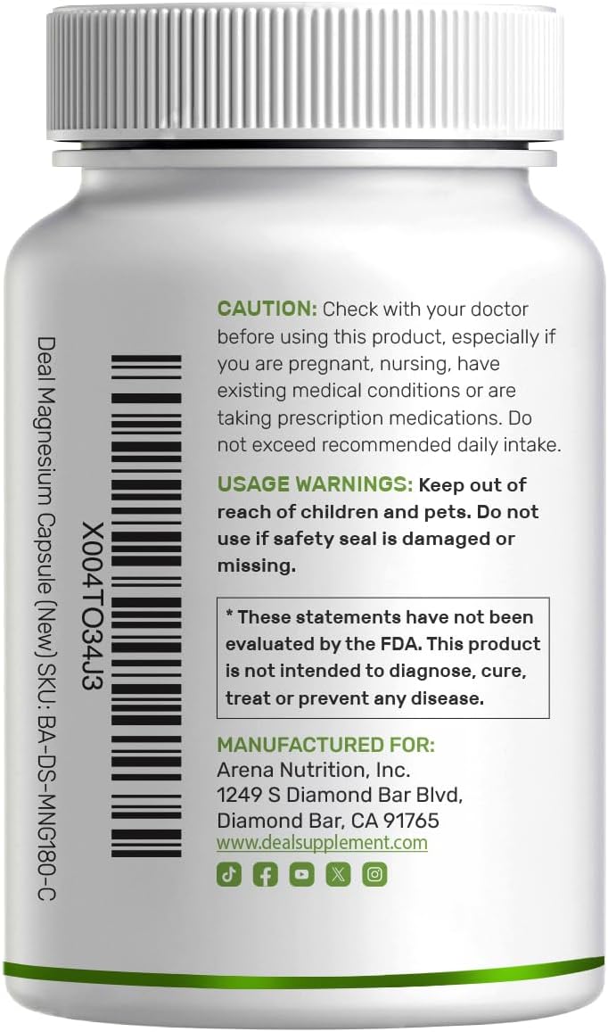 Deal Supplement Magnesium Glycinate 500mg Per Serving, 240 Veggie Capsules | 100% Chelated Magnesium Glycinate, Essential Mineral Supplement for Women & Men. Non-GMO, Gluten Free.