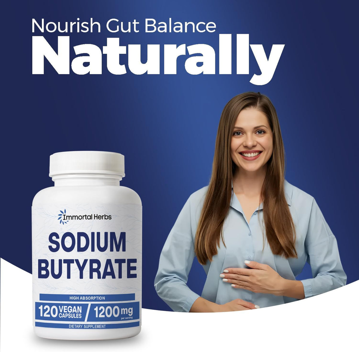 Sodium Butyrate Capsules 1200mg, High Absorption Postbiotic, 120 Count, Standardized Butyric Acid, Vegan, Non-GMO & Gluten-Free Butyrate Supplement for Women and Men