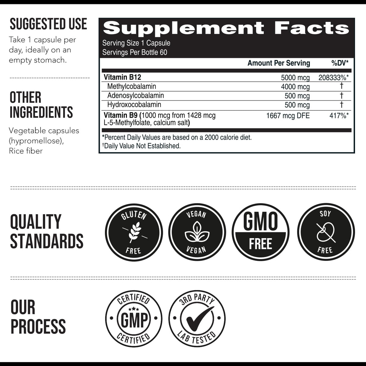 BioActive Vitamin B12 - 5000 mcg, Contains 3 BioActive Forms Methylfolate Cofactor - Methyl B12, Adenosyl B12 & Hydroxy B12 | Supports Energy, Metabolism & Mood | Vegan, Non-GMO (60 Servings)