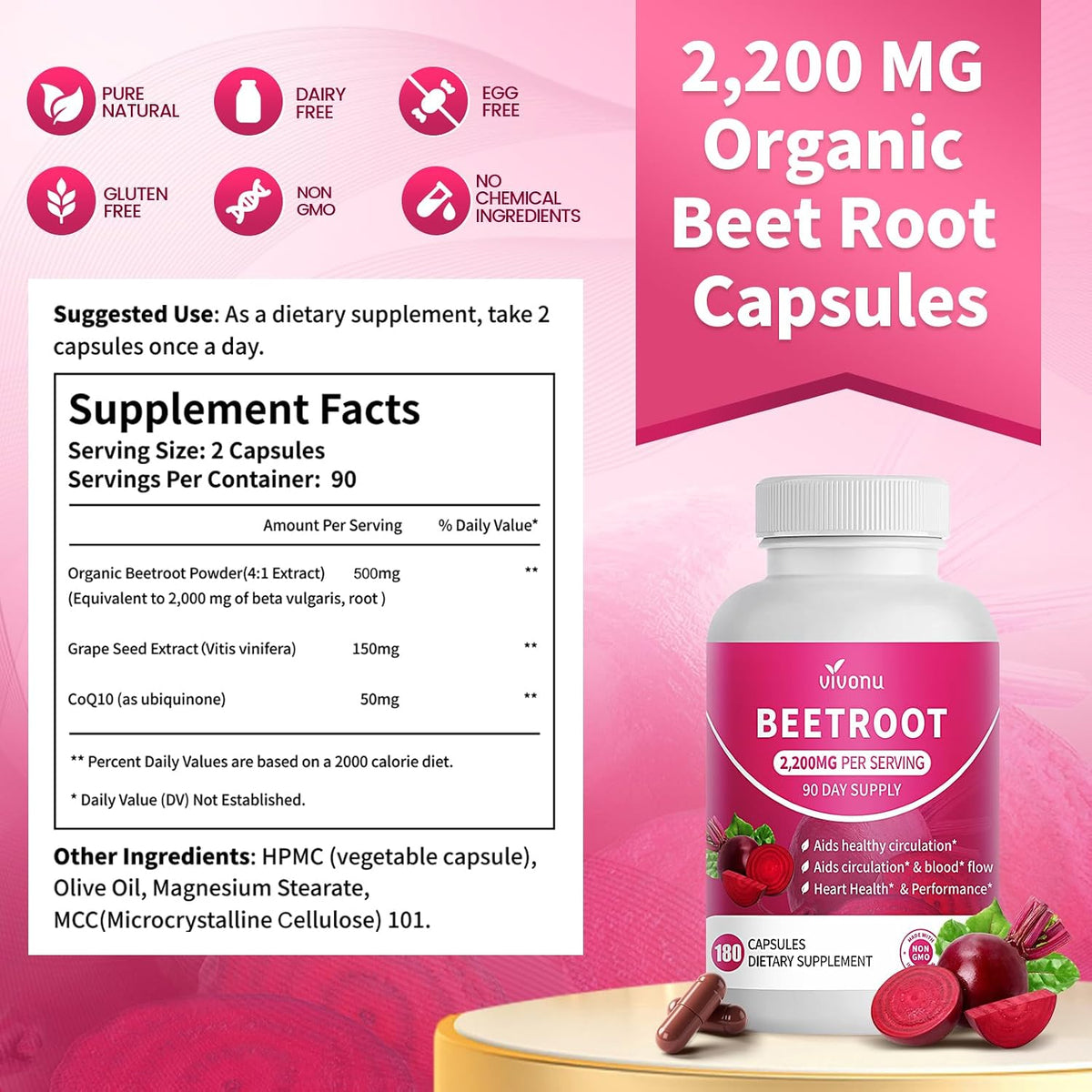 VivoNu Beetroot Capsules | Beet Root Supplement* 2,000 mg of Beet Root Powder, Enriched with CoQ10 and Grape Seed Extract,Healthy sBlood Pressure Levels and sCardiovascular* Wellness