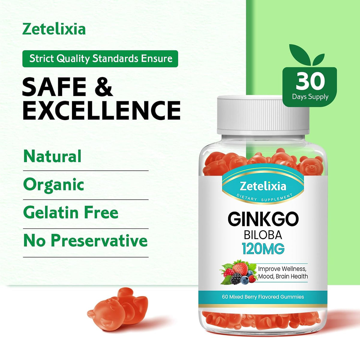 Ginkgo Biloba Gummies for Women and Men, Brain Supplement Improve Better Mood and Focus, Vegan Mixed Berry Flavor 60 Count