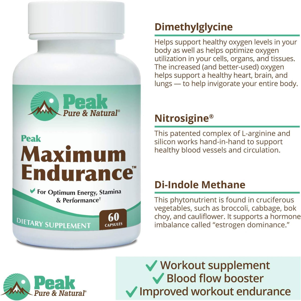 Peak Pure & Natural Maximum Endurance Supplement – Supports Hormone Health & Nitric Oxide Levels – Workout & Recovery Formula with Nitrosigine, DMG & DIM