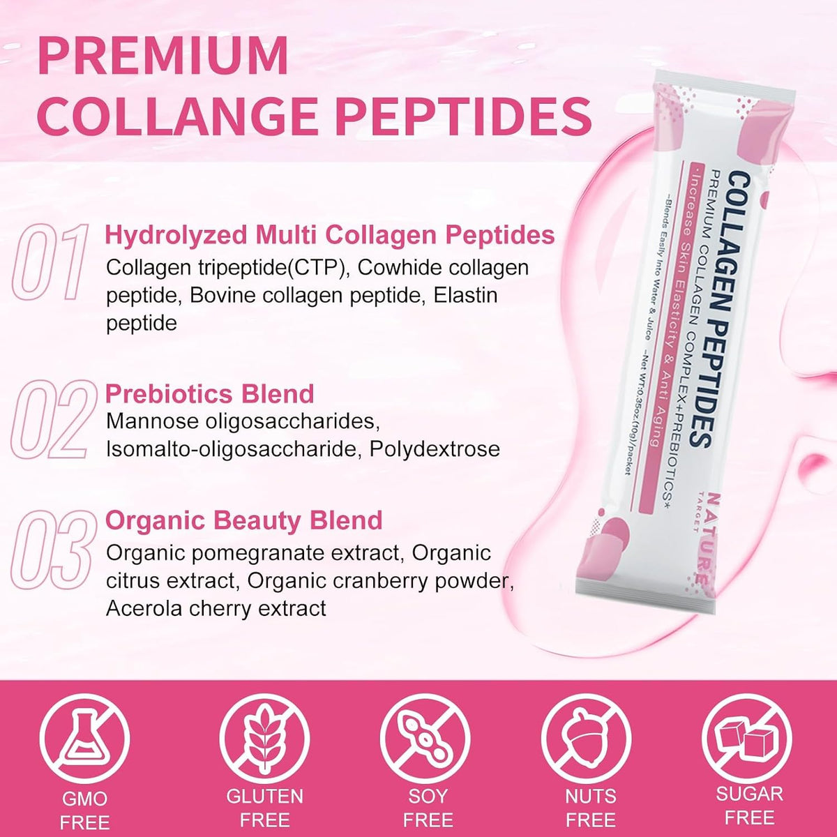 NATURE TARGET Multi Collagen Peptides Powder, 30 Stick Packs | Type I, II, III, V, X, Enhanced Absorption Hydrolyzed, With Prebiotics, Sugar-Free, Skin Hair Nail & Joint Support, Non-GMO