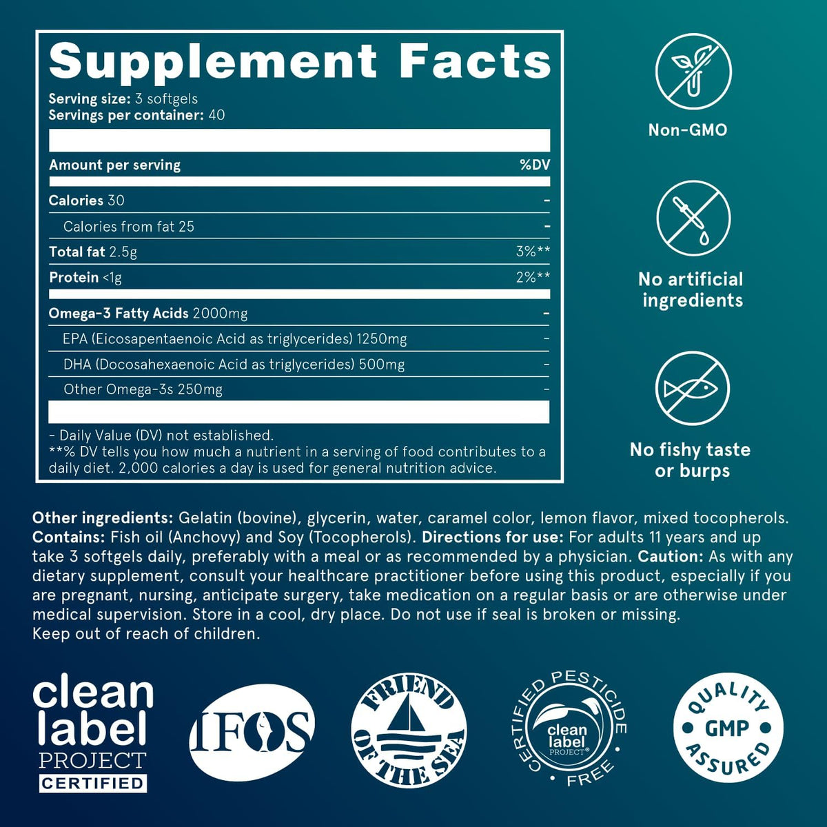 Puori Omega 3 Fish Oil Supplement - Ultra Pure & Burpless Wild Caught Fish Oil with 2000mg Omega 3 Fatty Acids,1250mg EPA & 500mg DHA Supports Heart, Brain & Eye Health - IFOS Certified - 240 Softgels