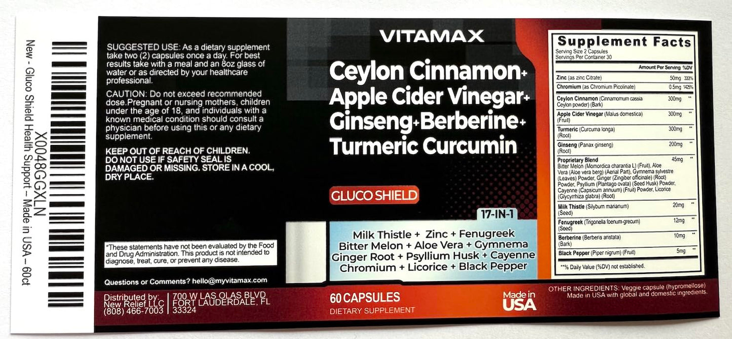 Ceylon Cinnamon, Apple Cider Vinegar, Turmeric - Gluco Health Support - Panax Ginseng, Berberine, Bitter Melon Milk Thistle Fenugreek -
