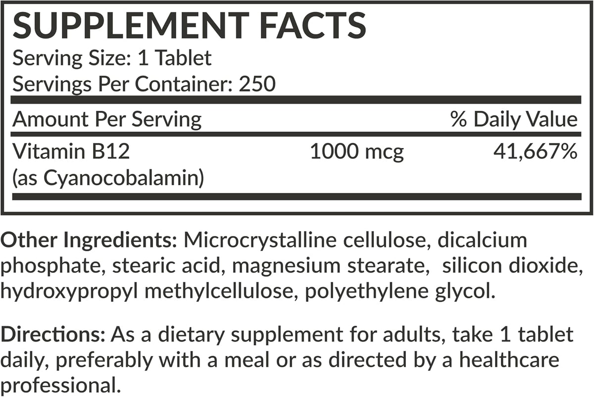 Futurebiotics Vitamin B12 1000mcg Vegetarian Friendly Non-GMO, 250 Tablets