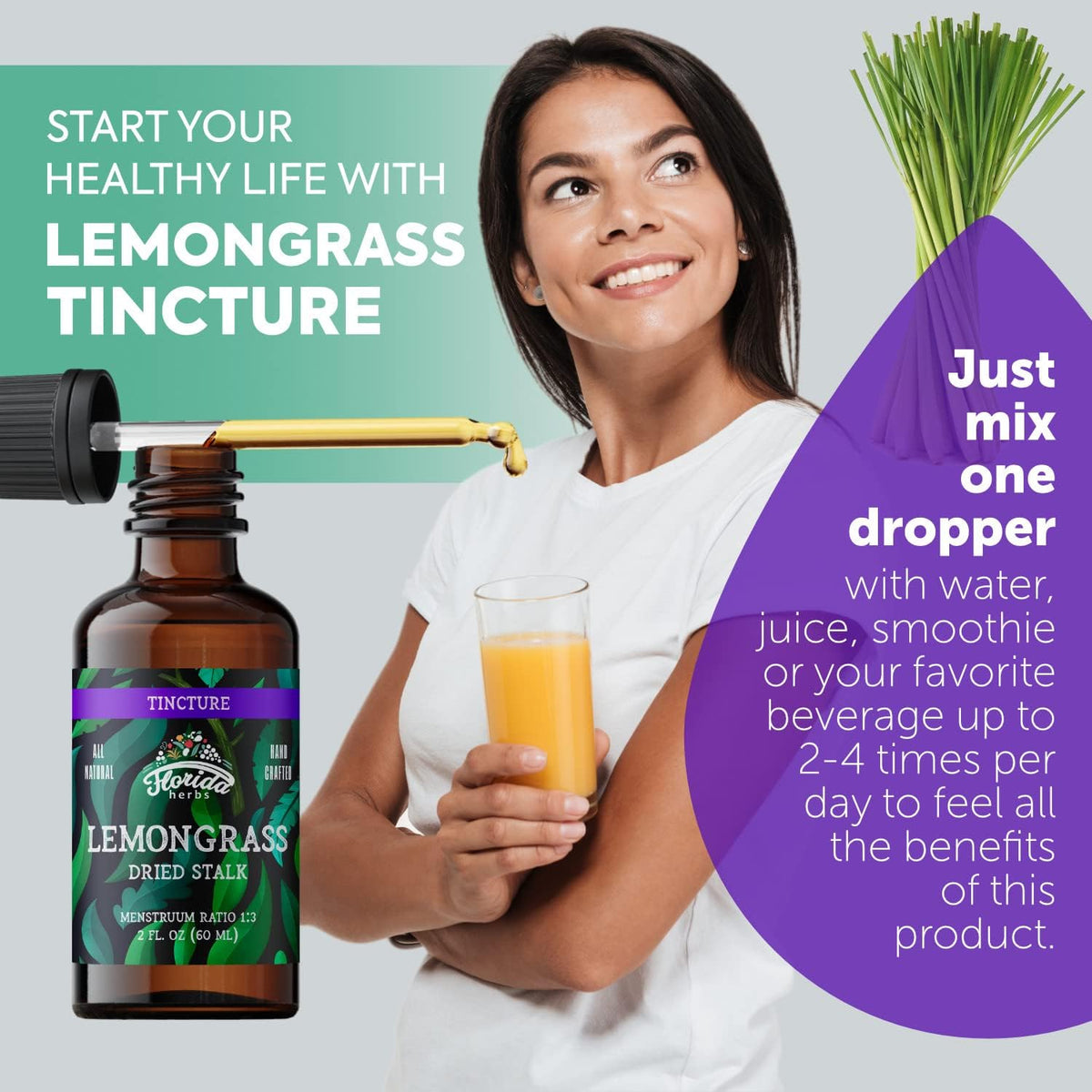 Lemongrass Tincture, Organic Lemongrass Extract (Cymbopogon Citratus) Herbal Supplement, Non-GMO in Cold-Pressed Organic Vegetable Glycerin, 700 mg, 2 oz (60 ml)