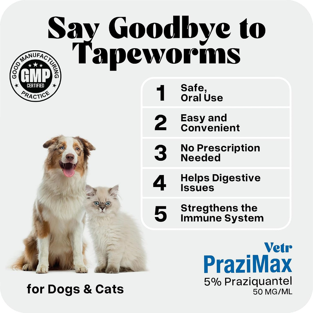 Liquid Intestinal Support for Dogs and Cats with Vetr PraziMax - Targets Tapeworms - 60mL Bottle with Dropper - Roasted Chicken Flavor