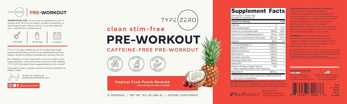 Type Zero Clean Stim Free Pre Workout Powder (Tropical Fruit Punch) 21 Serv | Nitric Oxide Booster with L-Citrulline Malate, Arginine AKG, Beta Alanine, Caffeine & Stimulant Free