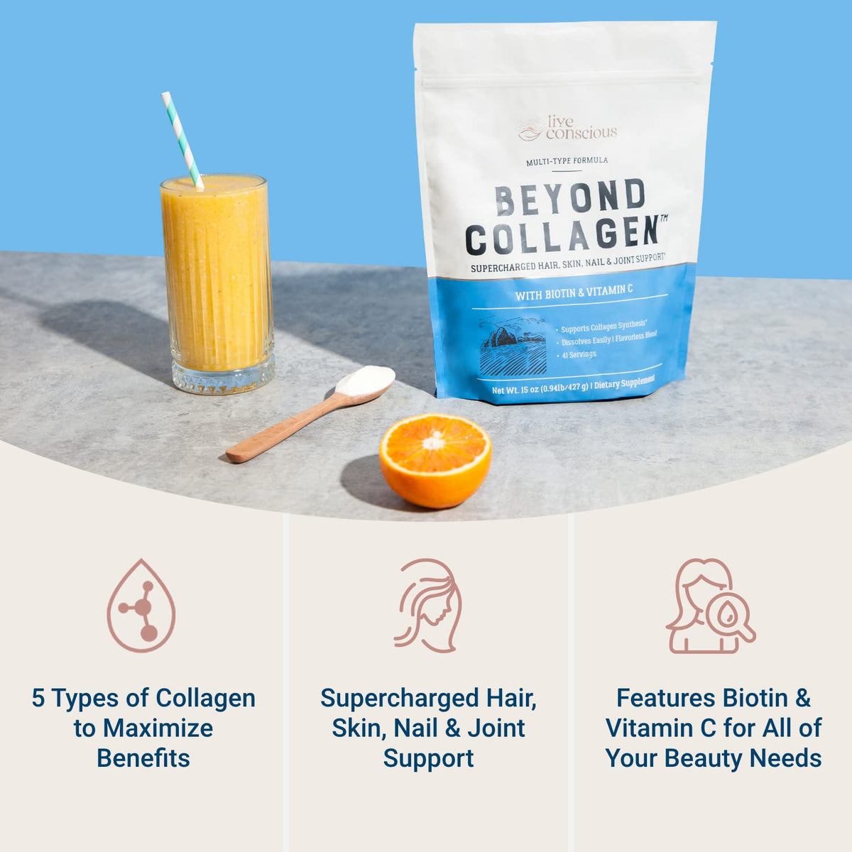 Live Conscious Collagen Peptides Powder - Naturally-Sourced Hydrolyzed Collagen Powder - Hair, Skin, Nail, and Joint Support - Type I & III Grass-Fed Collagen Supplements for Women and Men - 16oz