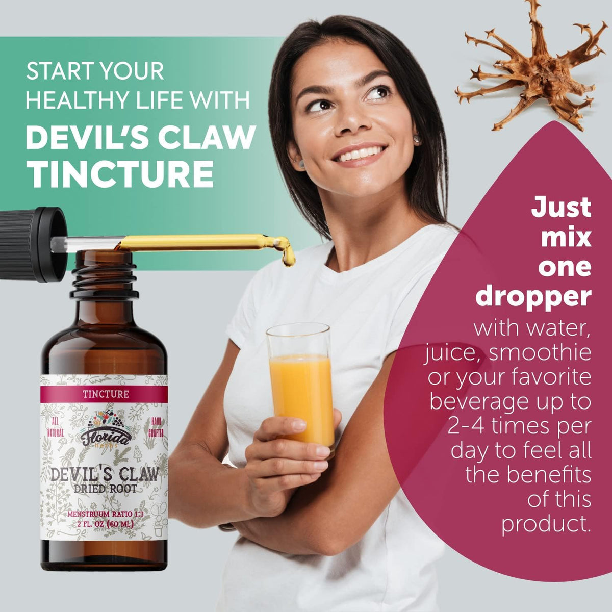 Devil's Claw Tincture Alcohol Free Organic Extract (Harpagophytum Procumbens) Herbal Supplement, Non-GMO in Cold-Pressed Organic Vegetable Glycerin, 700 mg, 2 oz (60 ml)