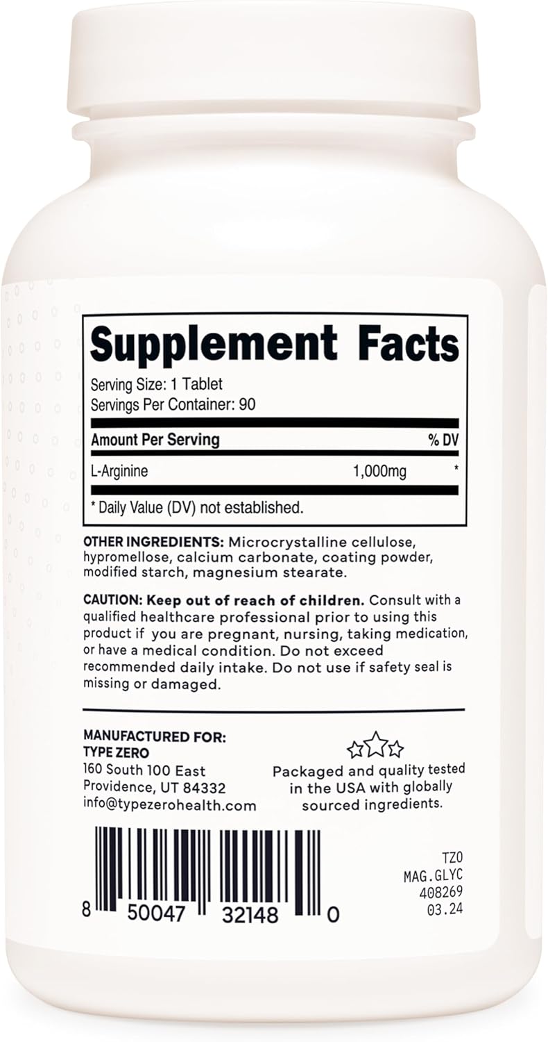 Type Zero L-Arginine 90 Tablets 1,000 mg per Serving - Non-GMO