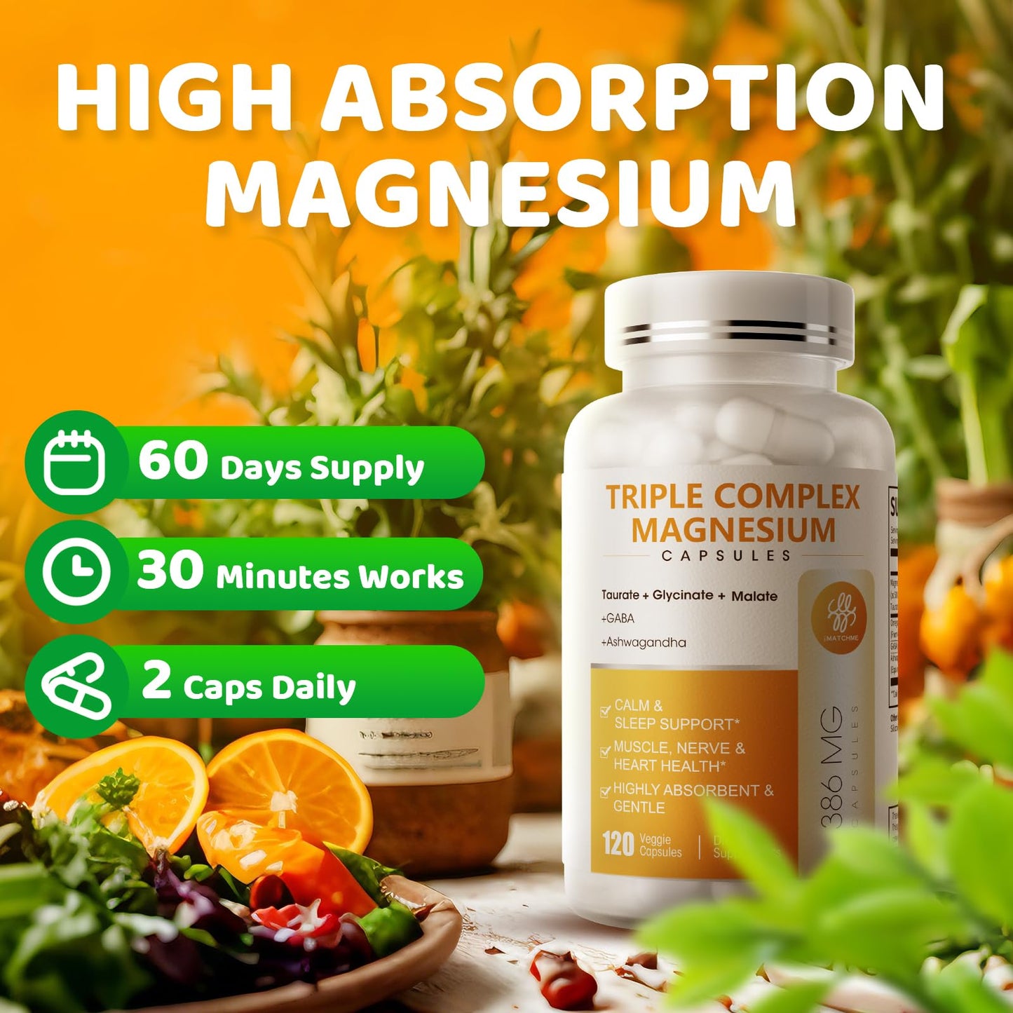 Triple Magnesium Complex - Magnesium Glycinate, Taurate & Malate Supplement with Omega3, Ashwagandha, GABA for Sleep, Brain Heart & Muscle Support - High Absorption and Gentle, Vegan, 120 Capsules iMATCHME buy supplements Au