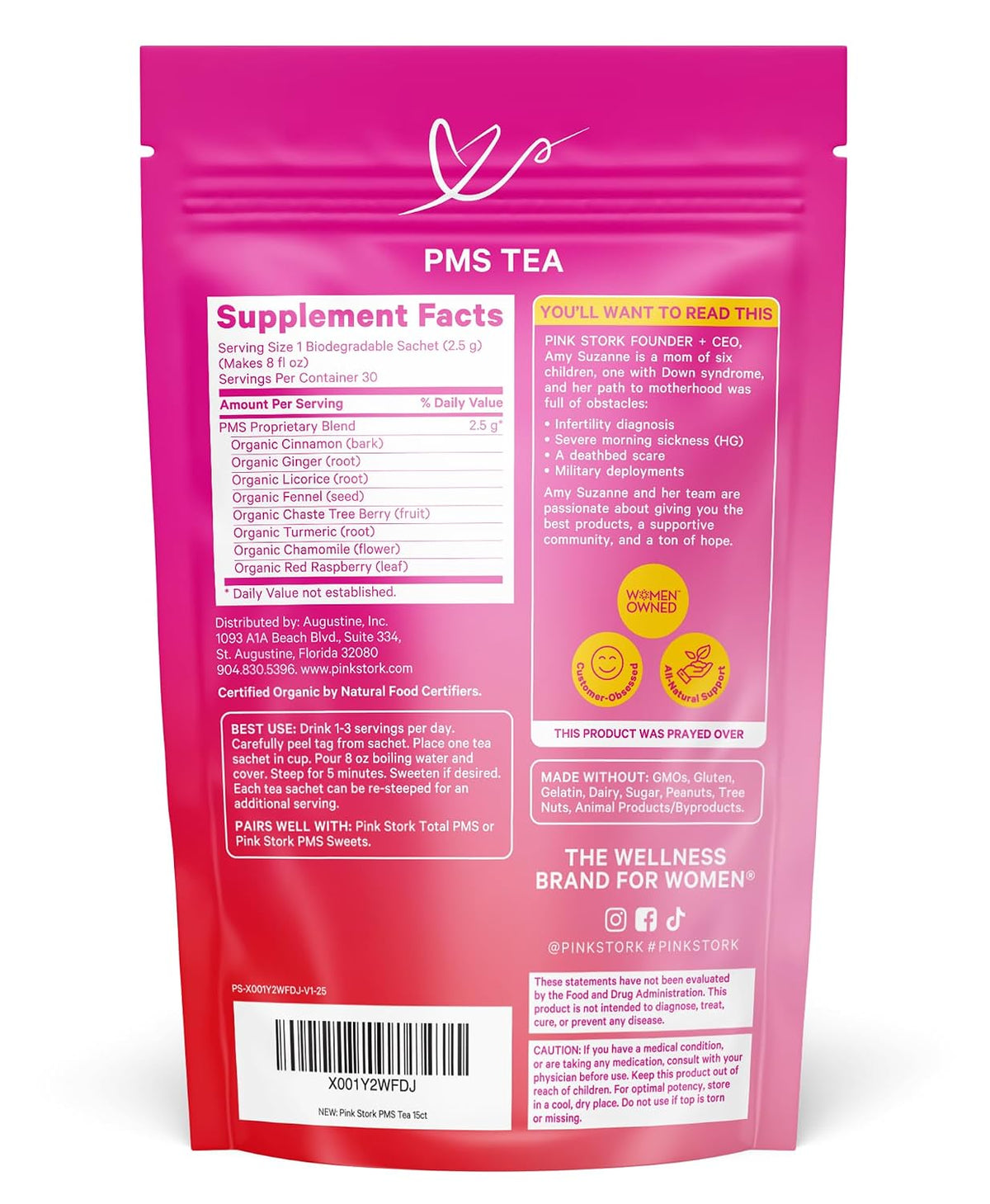 Pink Stork Organic PMS Tea for Hormone Balance, Mood Swings, Bloating, and Period Regularity - 8 Herbs - Vitex, Red Raspberry Leaf, Chamomile - Caffeine-Free - 15 Sachets, Hot or Iced