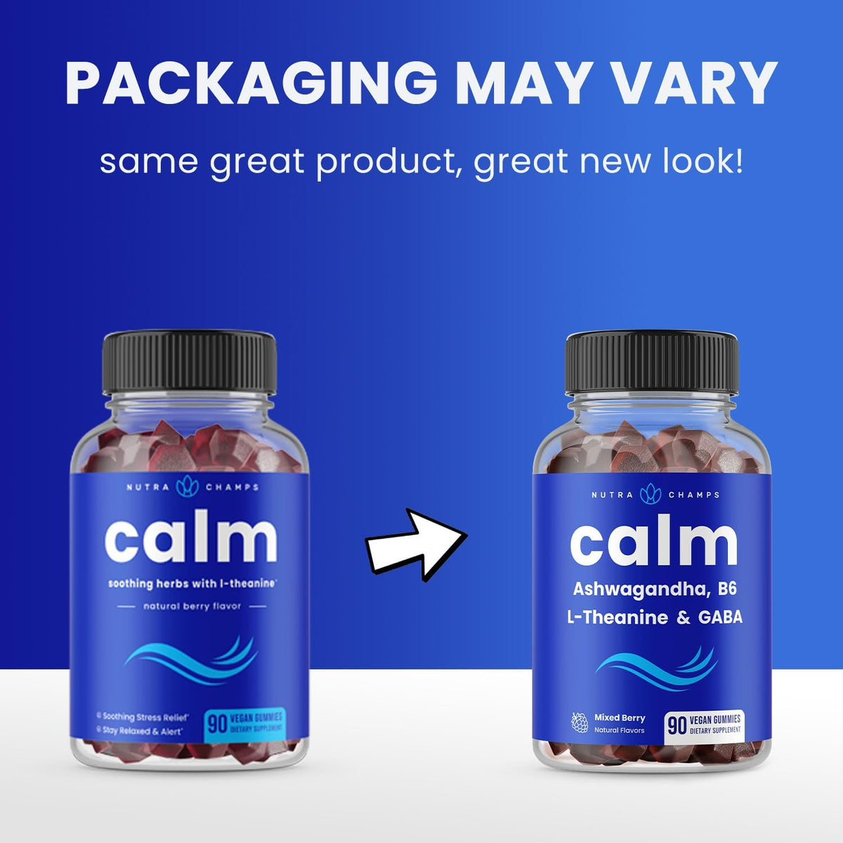 NutraChamps Calm Gummies, Stress Gummies Supplement with Ashwagandha, L-Theanine, GABA, Vitamin B6 & Lemon Balm, Supports Mood, Focus & Stress Relief, Natural Berry, 90 Gummies