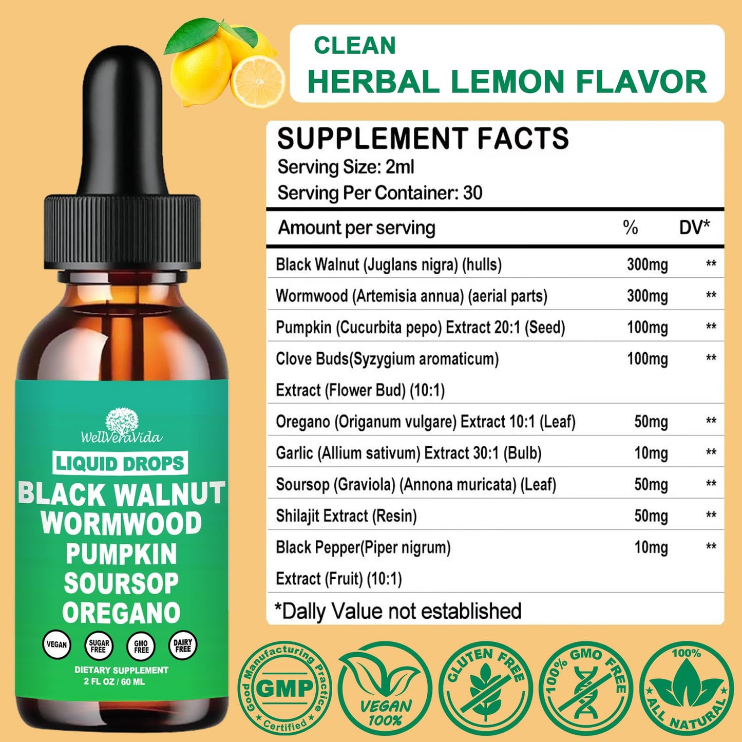 Liposomal Wormwood Black Walnut Clove Cleanse for Humans Drops, Organic 9-in-1 Herbal Extract Hull Supplement Plus Oregano, Soursop & Pumpkin Seed