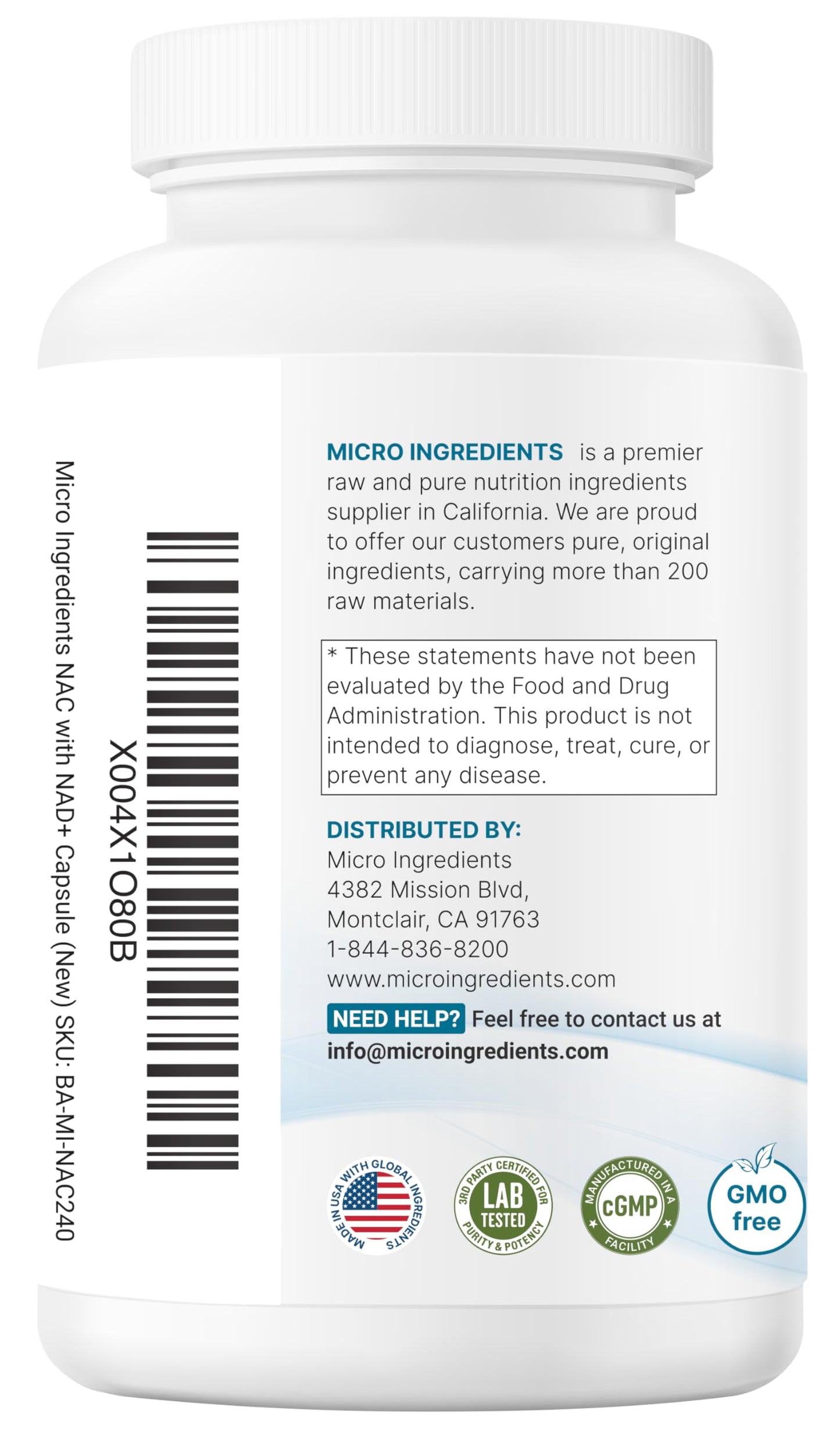 Micro Ingredients NAC with NAD+, 240 Vegetarian Capsules | 1,200 mg Per Serving | 2-in-1 N-Acetyl-L-Cysteine with Nicotinamide Adenine Dinucleotide