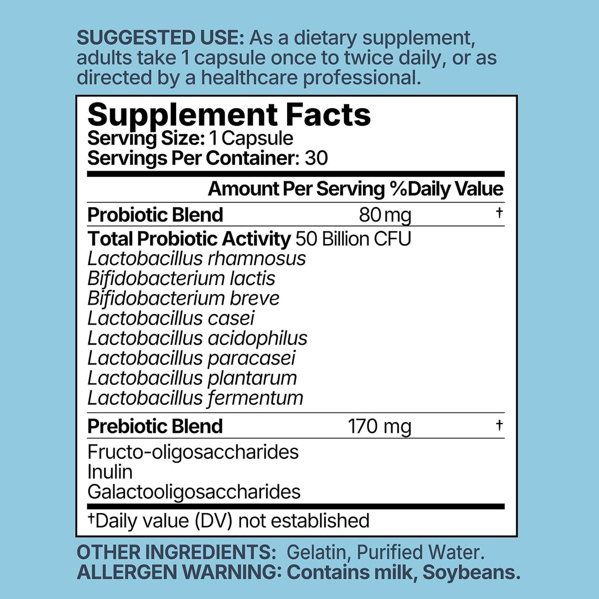 Probiotics 50 Billion CFU - 8 Unique Strains + 3 Prebiotics - Immune, Digestive & Gut Health - Supports Occasional Constipation, Diarrhea, Gas & Bloating - Probiotics for Women & Men - 30ct