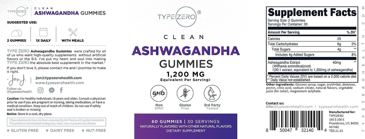 Type Zero Ashwagandha Gummies 60 Gummies for 30 Servings Per Bottle - Ashwagandha Herbal Extract Supplement, Gluten Free, GMO Free