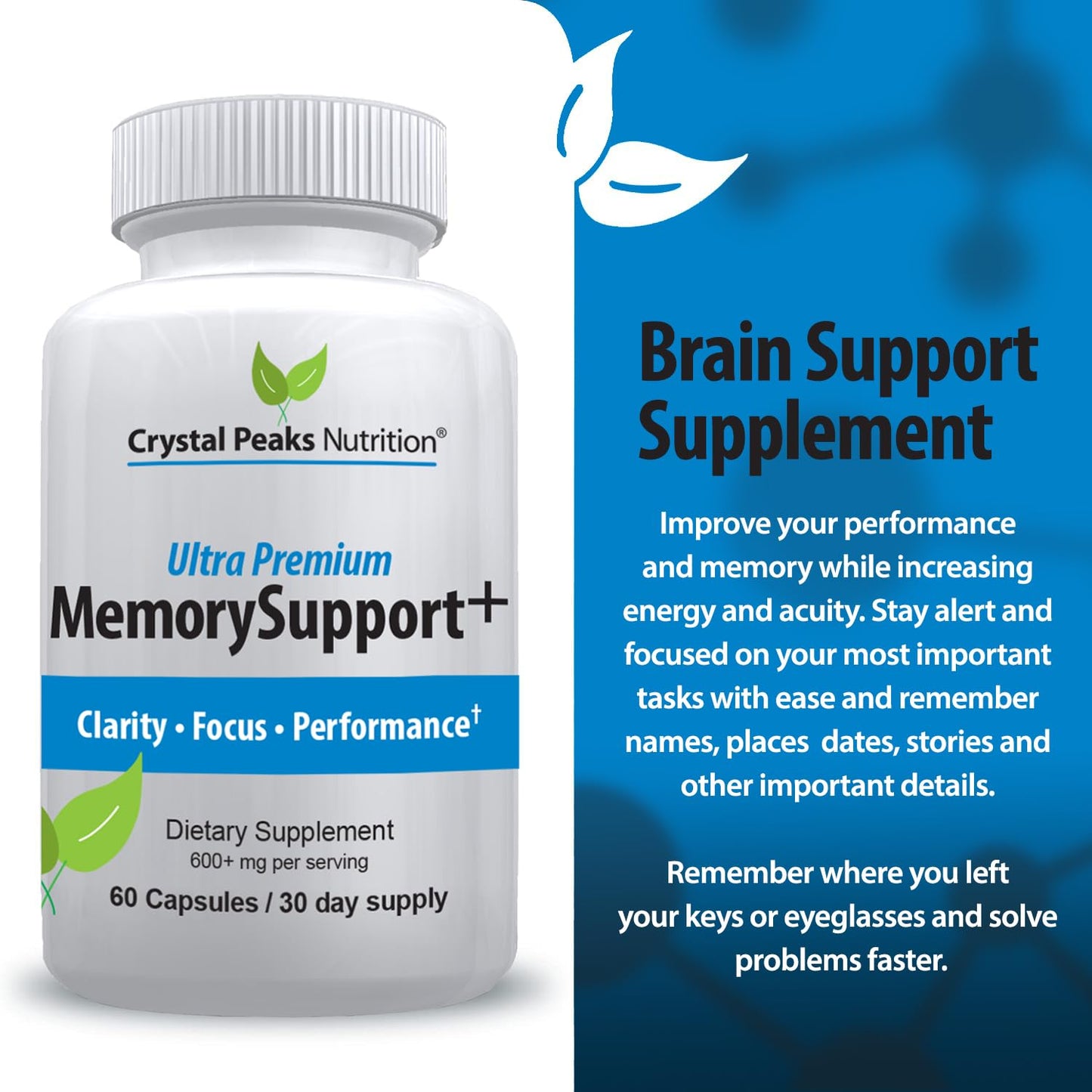 Memory Boost + Brain Support Supplement – Nootropic for Focus, Concentration, Memory. Enhanced Energy, Recall and Alertness - 60 Capsules/30-day Supply. CRYSTAL PEAKS NUTRITION buy supplements Au