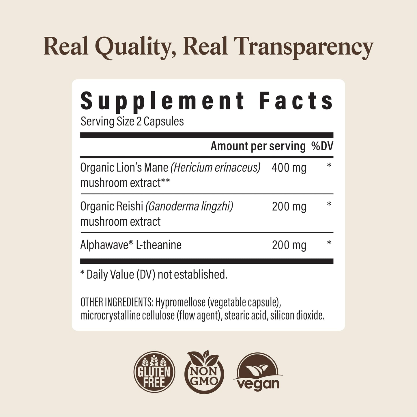 Real Mushrooms Calm Lions Mane Capsules (90 Count) – 400mg Organic Lions Mane Fruiting Body Extracts, 200mg Organic Reishi, 200mg AlphaWave L-Theanine for Calm Clarity & Relaxed Alertness, 90ct