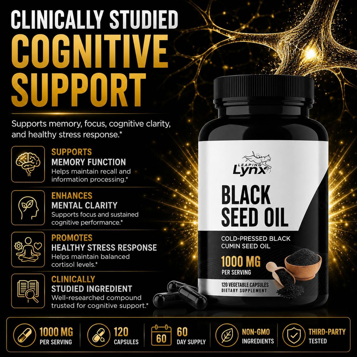 Leaping Lynx Black Seed Oil 1000mg β Cold-Pressed Nigella Sativa Softgels for Immune, Heart, Joint & Skin Health | 120 Softgels (60-Day Supply) | Non-GMO, Cold Pressed Black Cumin Seed Oil