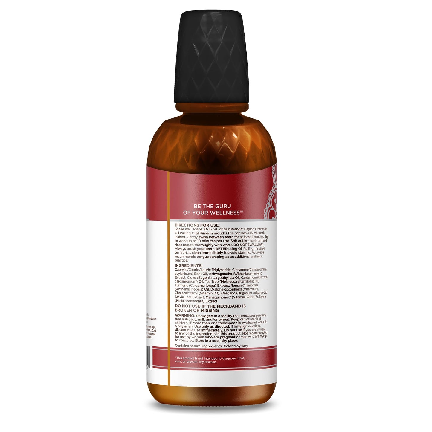 GuruNanda Cinnamon Oil Pulling Mouthwash, Promotes Calmness, with Neem & Ashwagandha for Fresh Breath & Happy Gums, Alcohol-Free, 16 Oz