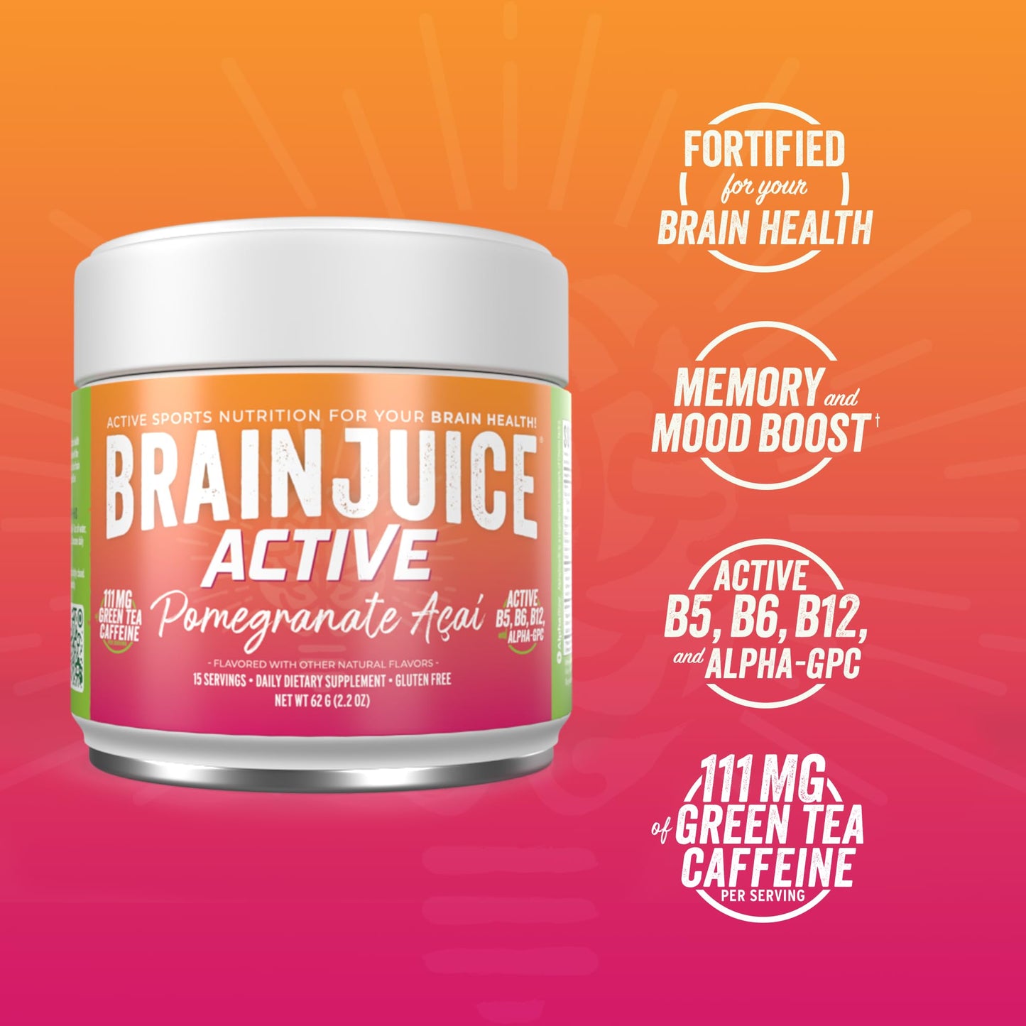 BrainJuice Nootropics Brain Support Supplement, Gluten Free Powder for Energy and Focus, Pre Workout w/Alpha GPC, Vitamin B & Organic Green Tea Extract Caffeine, Active Pomegranate Acai, 15 Servings BrainJuice buy supplements Au
