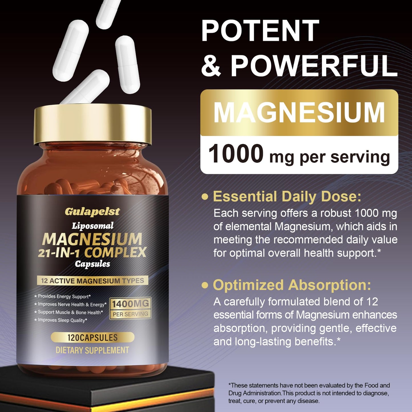 21 in 1 Liposomal 1400mg Magnesium Complex (Citrate, Glycinate, Malate etc) Capsule - 12 Active Types Magnesium with Vitamin D3, B6, B12, C, Ashwagandha & CoQ10 for Women & Men - Support Bone & Muscle Gulapelst buy supplements Au