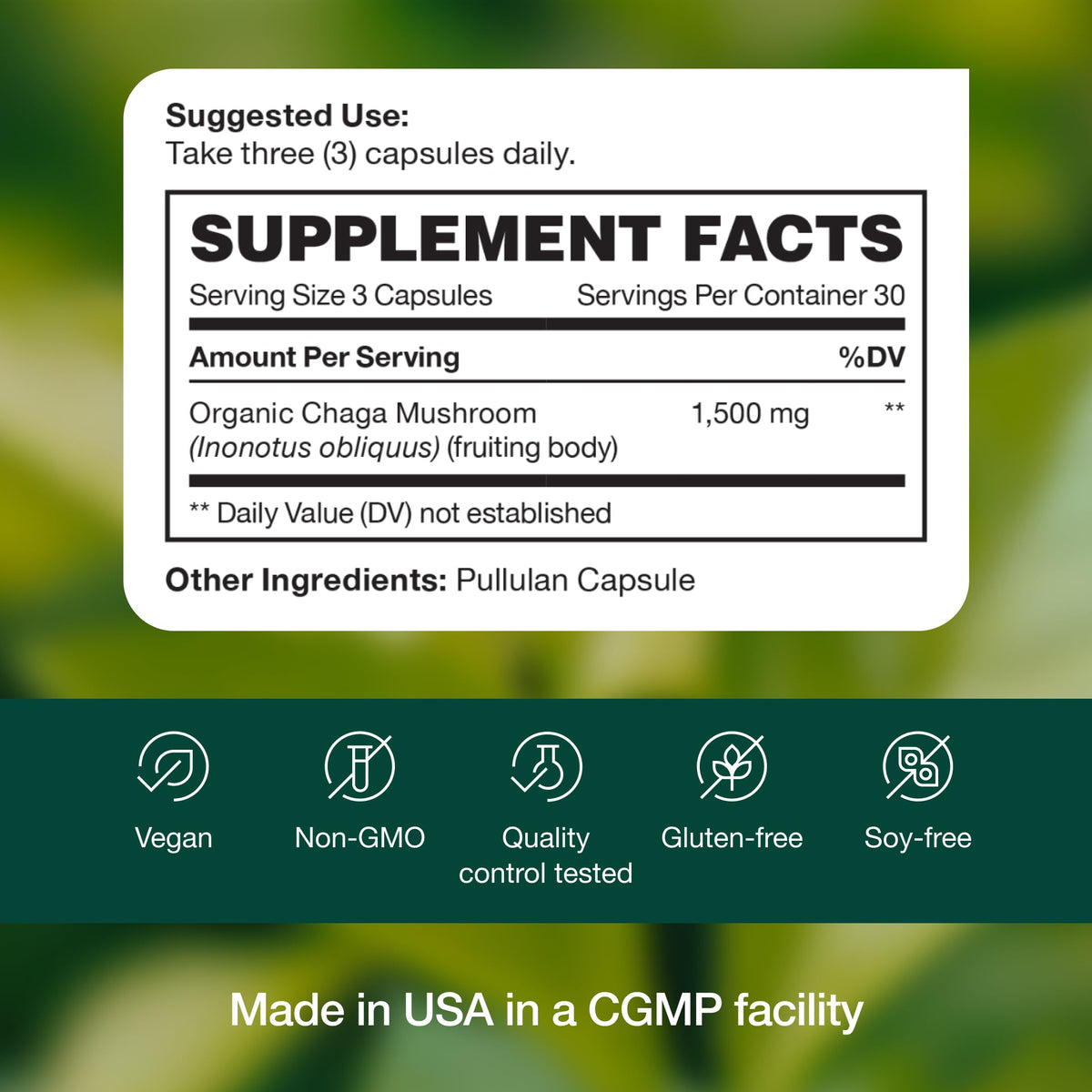 Fresh Nutrition Organic Chaga Mushrooms – Strongest DNA Verified 1500mg Per Serving – High in Fiber – Non GMO, Gluten & Soy Free, Vegan Friendly