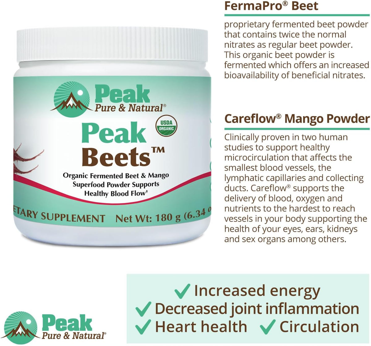 Peak Pure & Natural Peak Organic Fermented Beets - Organic Fermented Beet Powder Superfood Drink Powder - Nitric Oxide Supplement Support for Normal Blood Pressure
