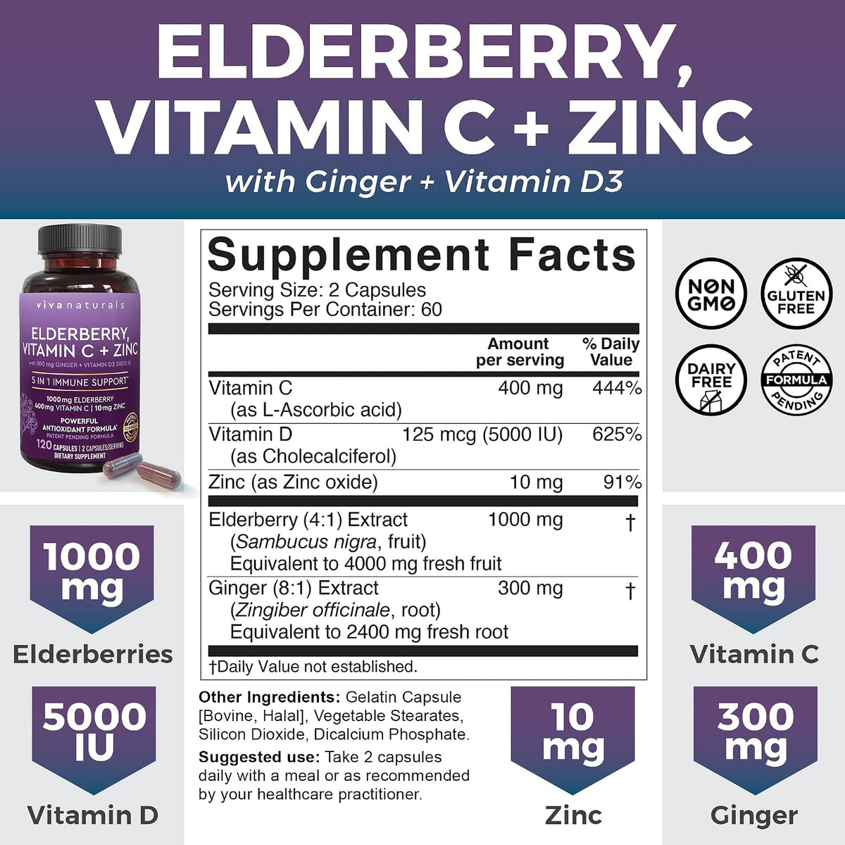 Viva Naturals Antarctic Krill Oil and Elderberry, Vitamin C, Zinc and Vitamin D3 5000 IU Bundle, 1250 mg of Krill Oil Providing Omega 3 EPA and DHA for Joint Health, Elderberry for Immune Support
