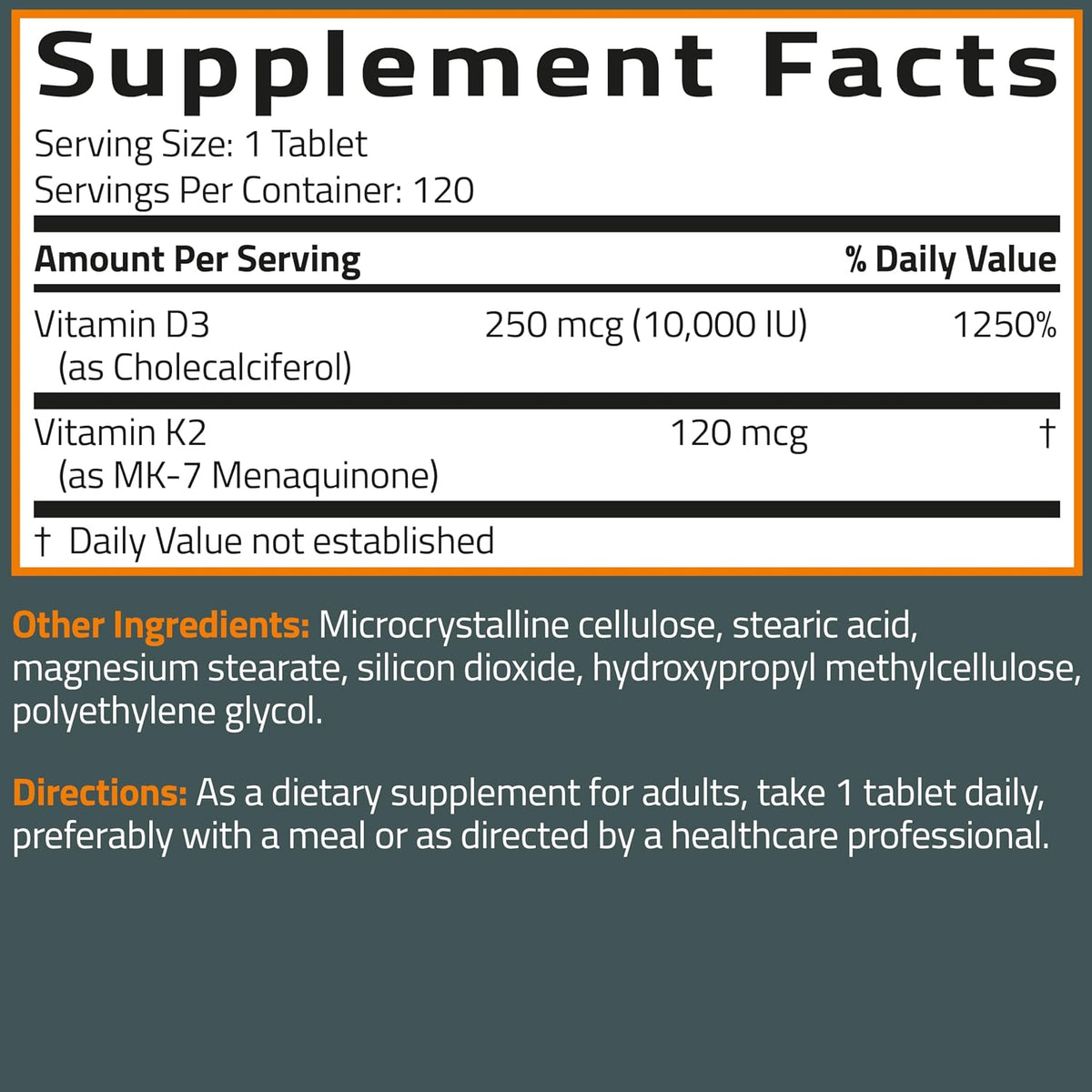Bronson Vitamin K2 (MK7) with D3 Supplement Extra Strength 2 in 1 Support, 10,000 IU Vitamin D3 & 120 mcg K2 MK-7, 120 Tablets
