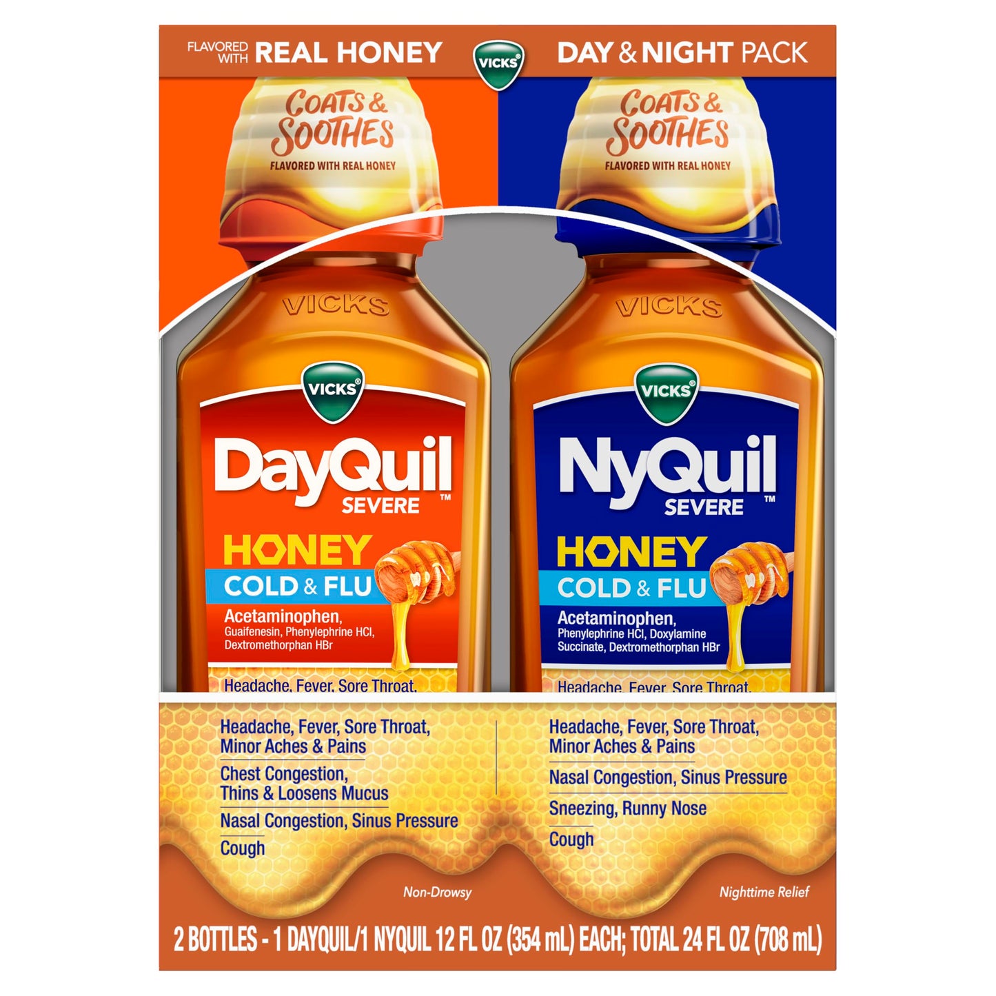 Vicks Dayquil & Nyquil Severe Honey Flavor Co-Pack, Cold & Flu Medicine, Relieves Headache, Fever, Sore Throat, Minor Aches & Pains, Nasal Congestion, Sinus Pressure, Stuffy Nose, And Cough, 2X12Oz Vicks buy supplements Au