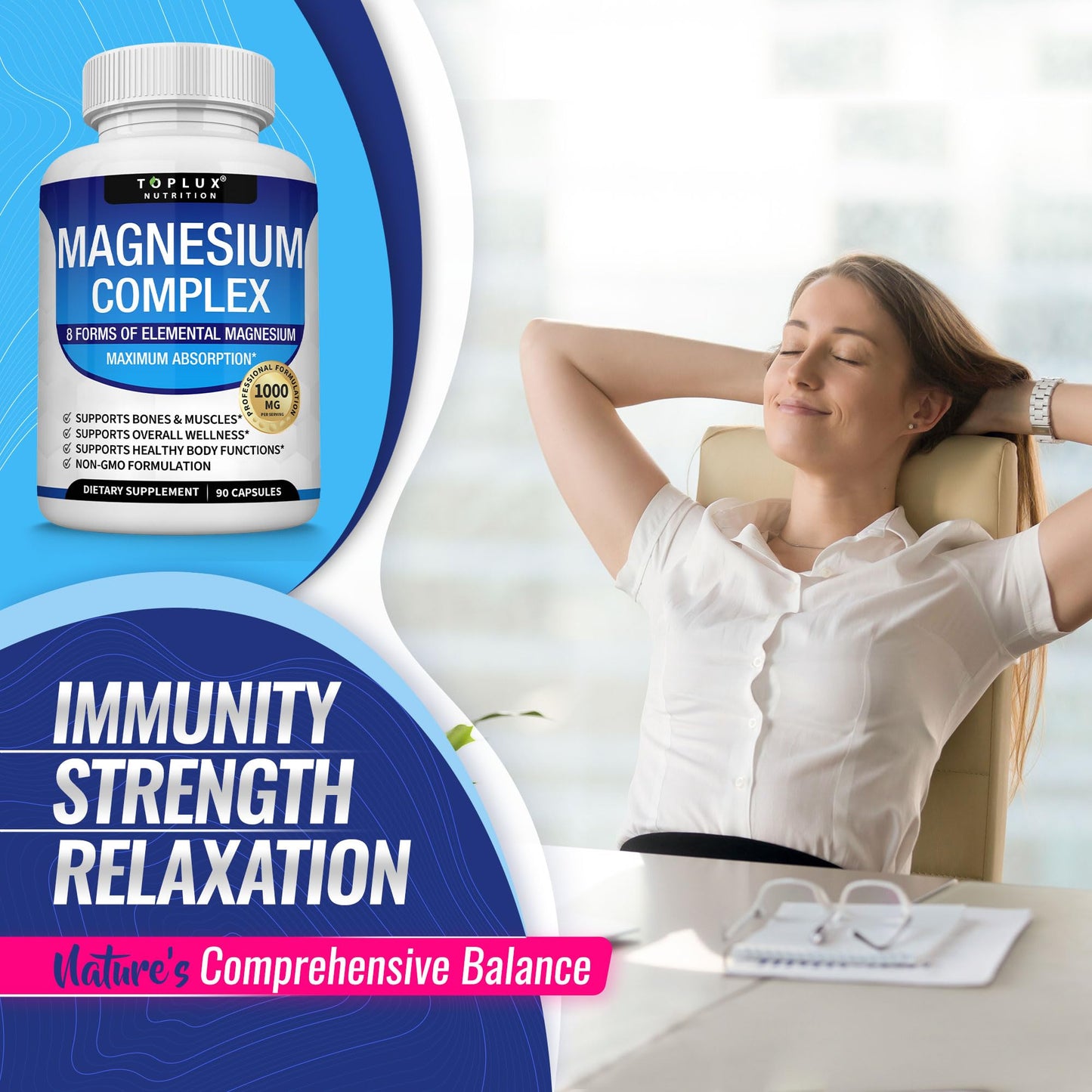 Magnesium Complex Supplement 8 Elemental 1000mg - Magnesium Glycinate, Citrate, Malate, Taurate, Chelated for Easy Absorption for Bones, Muscle, Recovery, Energy, Vegan Non-GMO 90 Capsules Toplux buy supplements Au