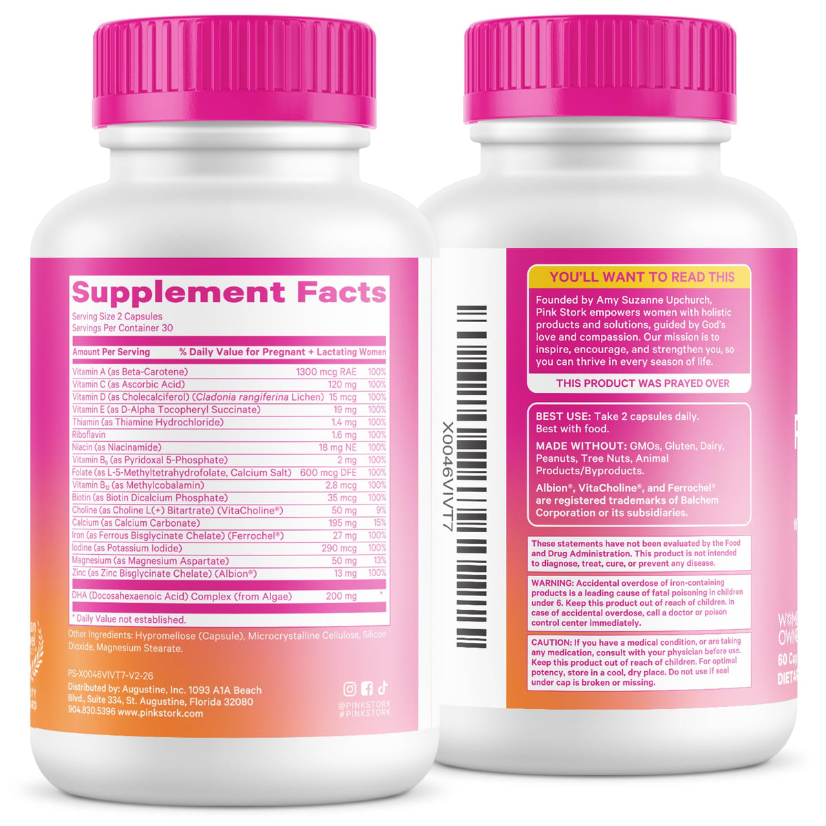 Pink Stork Total Prenatal Vitamins for Women, Clean Label, 60 Count, Mint | Vegan DHA, Methylfolate, Iron, Choline, Vitamin B12 - Preconception Nutrition - No Fishy Burps - Pregnancy Essentials