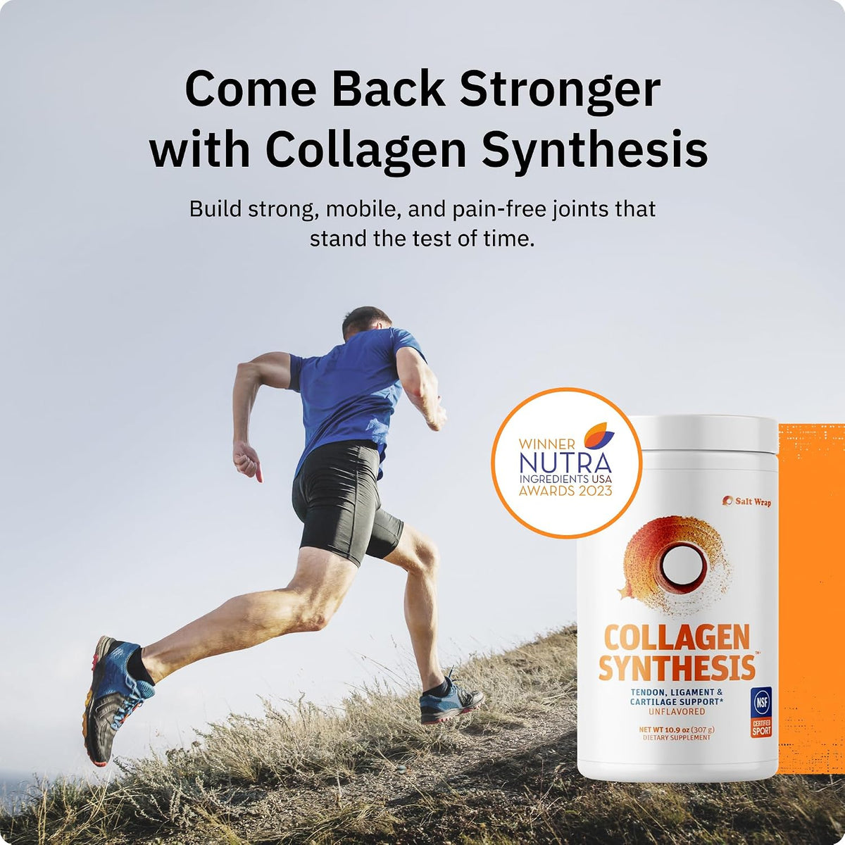 SaltWrap Collagen Synthesis Peptides for Joint and Tendon Recovery | NSF Certified for Sport, Patented Tendoforte and Fortigel Support Cartilage Repair, Unflavored Collagen Powder Supplement