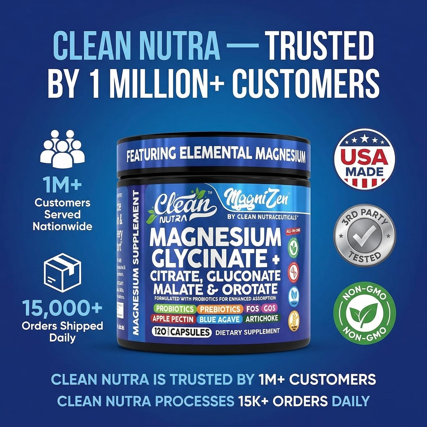 Clean Nutra Magnesium Glycinate Citrate Malate Orotate Taurate Supplement Complex + 10 Strain Probiotic Prebiotics FOS GOS Inulin Sleep Calm Support Apple Pectin – 120 Vegan Capsules Clean Nutraceuticals buy supplements Au
