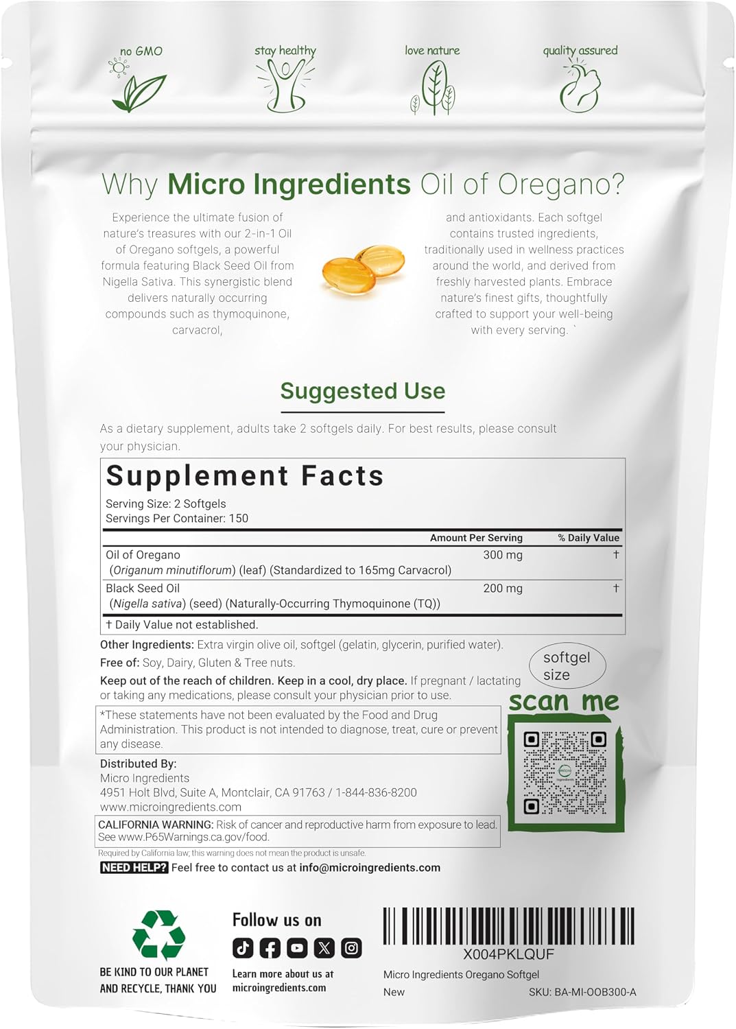 Micro Ingredients Oil of Oregano with Black Seed Oil, 300 Softgels | Naturally Occurring Carvacrol & Thymoquinone. 2-in-1 Oregano Oil Supplement. Non-GMO, Gluten Free, 3rd Party Tested.