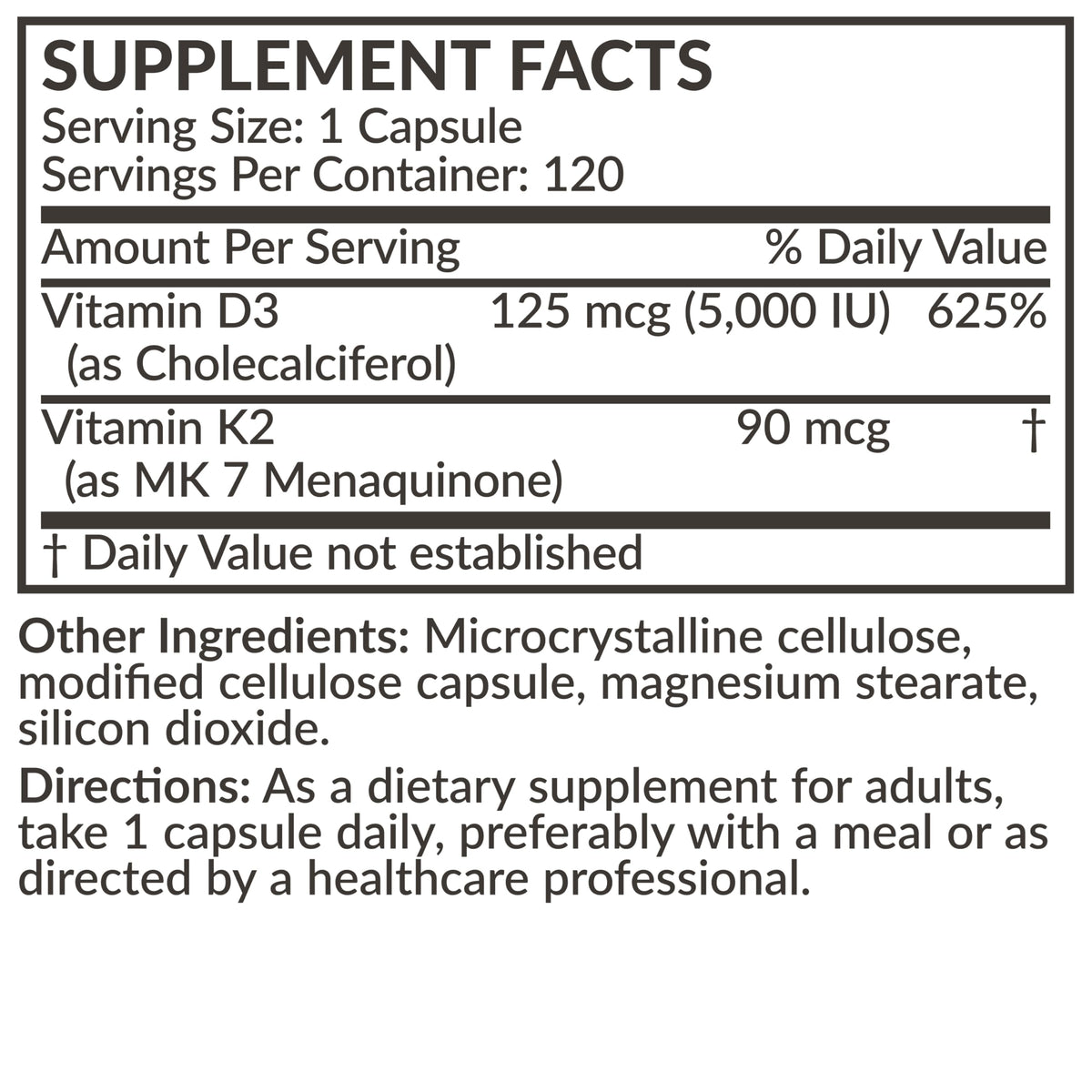 Futurebiotics Vitamin K2 (MK7) with D3 Supplement - Non-GMO Formula - 5000 IU Vitamin D3 & 90 mcg Vitamin K2 MK-7, 120 Vegetarian Capsules