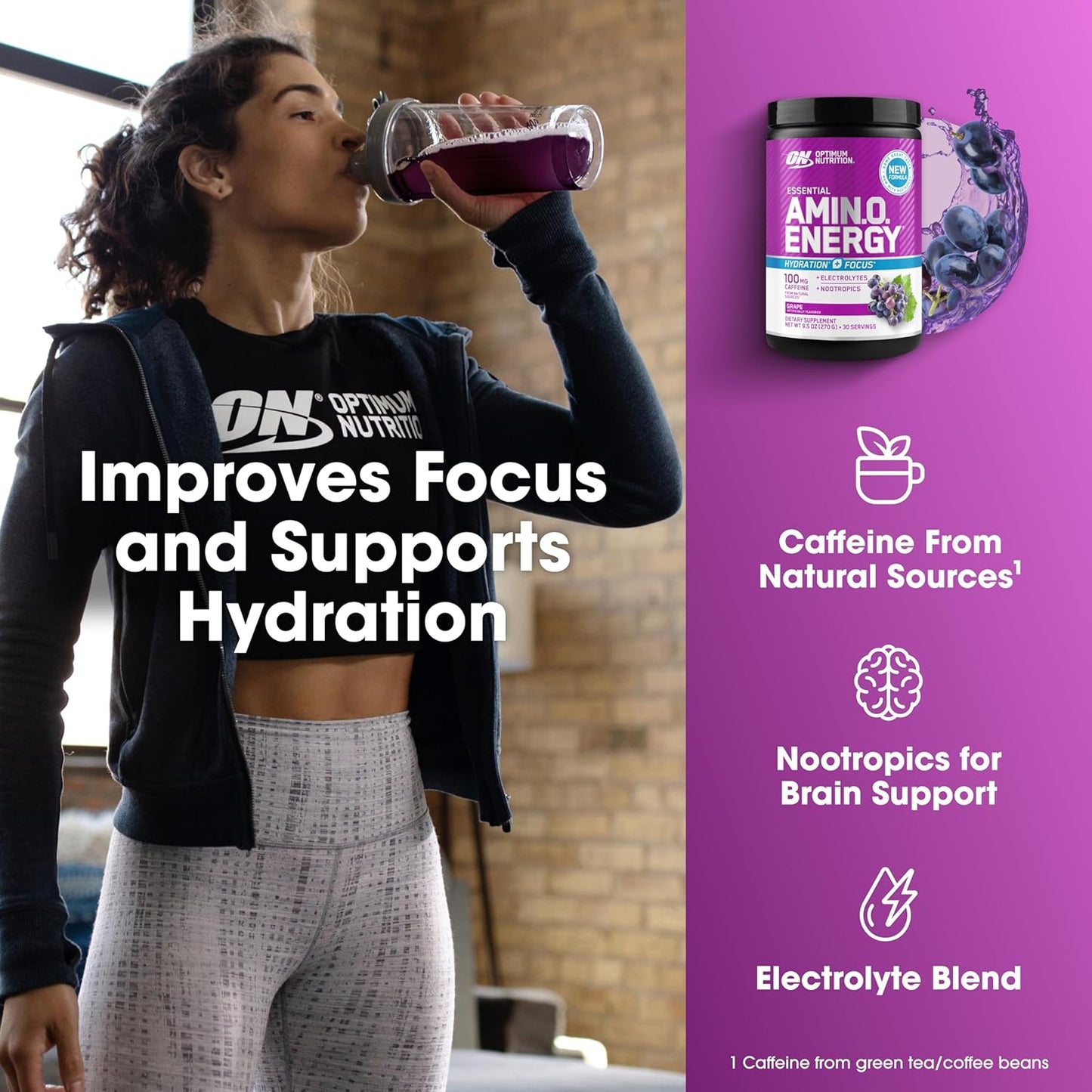 Optimum Nutrition Amino Energy Powder Plus Focus, Electrolytes, and Caffeine, Grape, 30 Servings