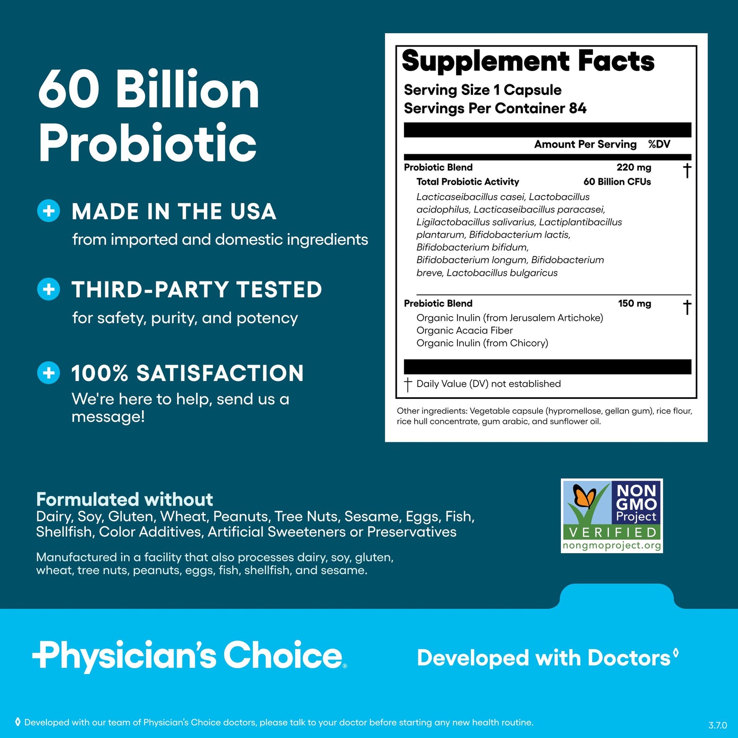 Physician's CHOICE Probiotics 60 Billion CFU - 10 Strains + Organic Prebiotics - Immune, Digestive & Gut Health - Supports Occasional Constipation, Diarrhea, Gas & Bloating - for Women & Men - 84ct